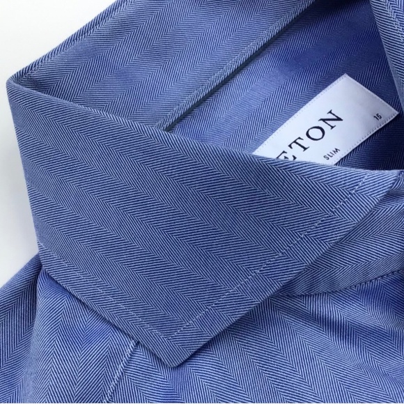 ETON  Slim herringbone  blue  colour , cotton  shirt Sz 15 /38 made in Europe - Picture 11 of 11
